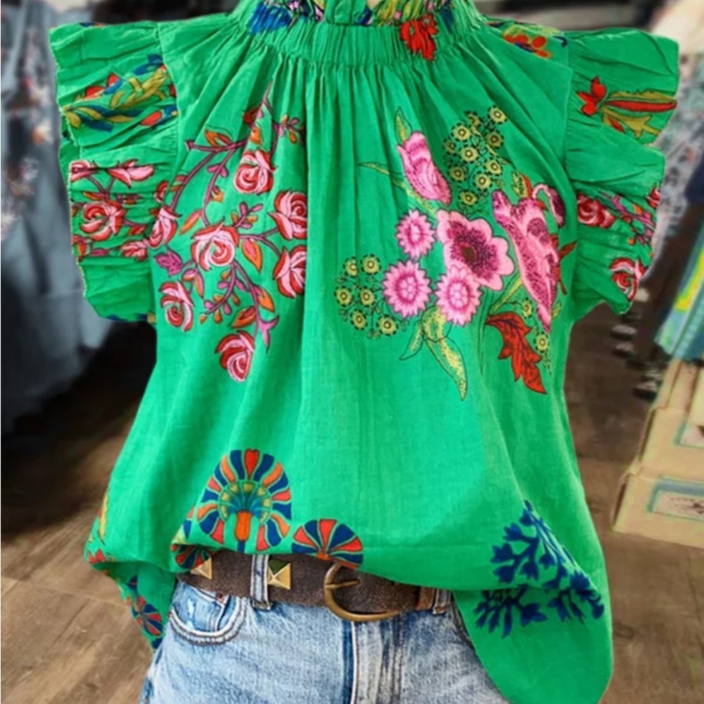 Vibrant Floral Green Blouse